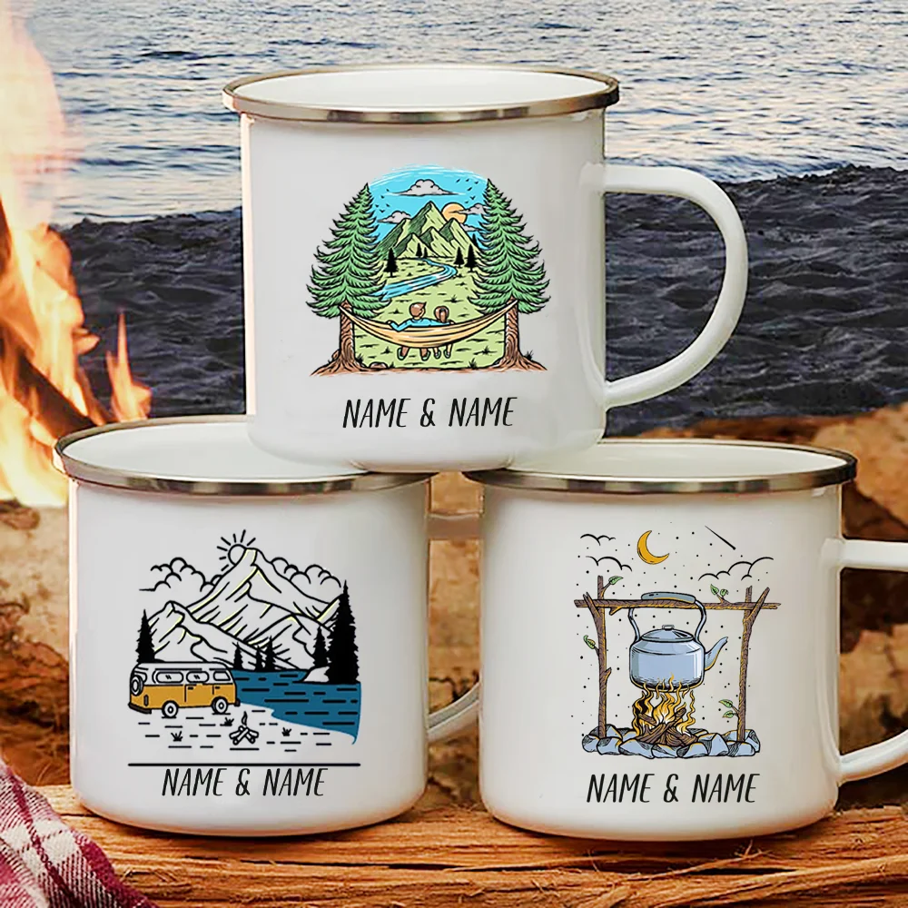 Outdoor Adventure Names - Emaille mok met gepersonaliseerde naam voor